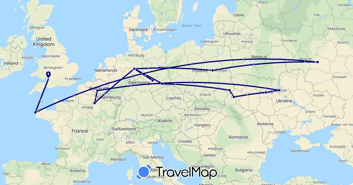 TravelMap itinerary: driving in Belgium, Germany, France, United Kingdom, Poland, Russia, Ukraine (Europe)